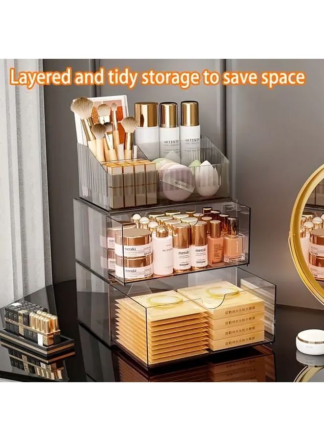 Double Layer Transparent Gray Cosmetic Storage Box Drawer Style Organizer For Makeup And Skincare - Image 2